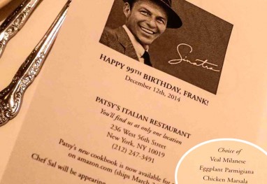 Menu Frank Sinatra no restaurante Patsy, em Nova York